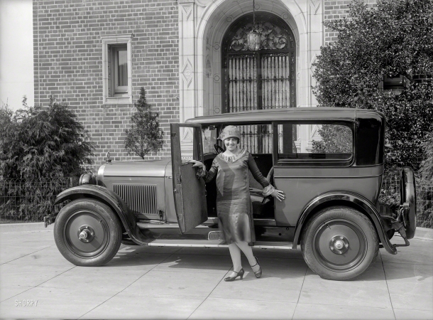 Photo showing: Lady and the Nash -- San Francisco circa 1925. Nash Special Six two-door sedan.