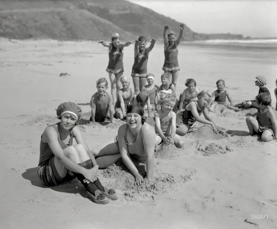 Photo showing: Coastal Capers -- Marin County, California, circa 1925. Surf bathers at Stinson Beach.