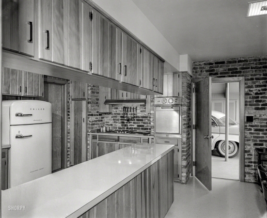 Photo showing: A DeSoto in Every Carport -- Columbus, Georgia, circa 1956. Kitchen in model house.