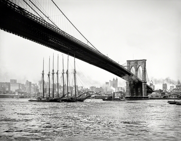 Photo showing: Three Tall Ships -- New York circa 1903. Manhattan from under the Brooklyn Bridge.