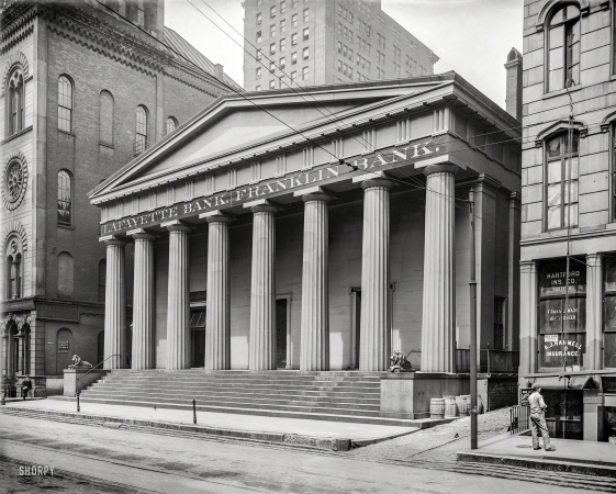 Photo showing: Binary Banking -- Cincinnati circa 1905. Lafayette and Franklin Banks, Third Street.