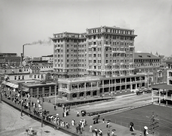 Photo showing: By the Seashore -- Atlantic City, New Jersey, circa 1904. Hotel Chalfonte and Boardwalk.