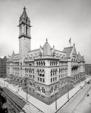 Photo showing: Postal Bestiary -- Buffalo, New York, circa 1905. Post Office on Ellicott Street. Note the numerous gargoyles.