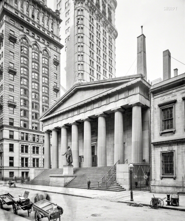 Photo showing: Low Finance -- New York circa 1905. U.S. Sub-Treasury (Federal Hall), Wall Street.