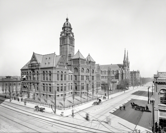 Photo showing: Secular and Sacred -- 1906. Birmingham, Alabama -- Jefferson County Courthouse and St. Paul's Church.