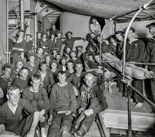 Photo showing: Sleepy Sailors -- Aboard the U.S.S. Massachusetts circa 1899. Ready to turn in.
