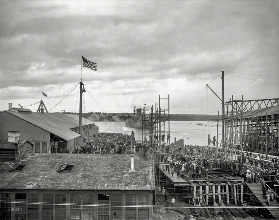 Photo showing: In the Stream -- October 11, 1904. Bath, Maine. In the stream -- launch of the U.S.S. Georgia at Bath Iron Works.