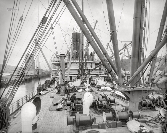 Photo showing: It's Complicated -- The Great Northern docks at Seattle, 1905. S.S. Dakota, after weather deck.