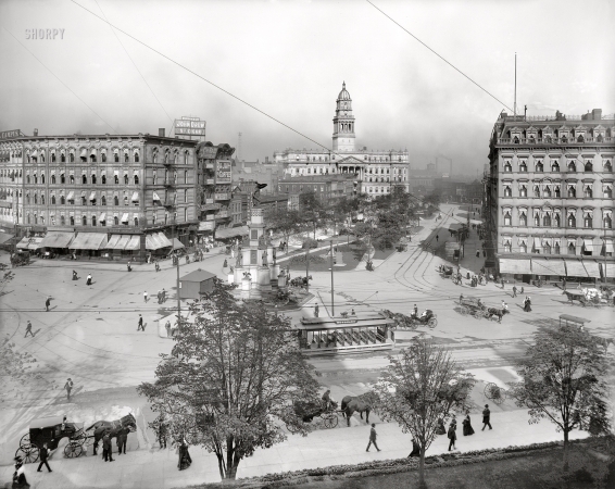 Photo showing: The Big Three -- Detroit circa 1902. Cadillac Square, Soldiers' and Sailors' Monument and Wayne County Building from City Hall.