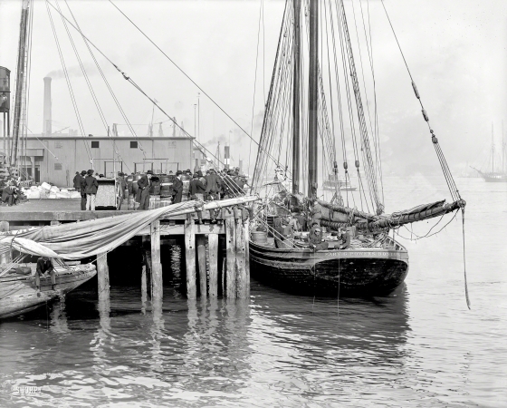 Photo showing: Mary G. Powers -- Circa 1903. Fishing schooner at 'T' wharf, Boston.