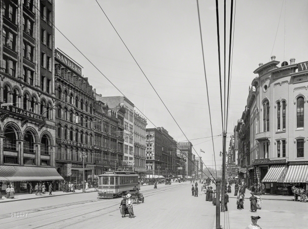 Photo showing: Base Ball To-Day -- Detroit circa 1908. Woodward Avenue looking north from Opera House corner.