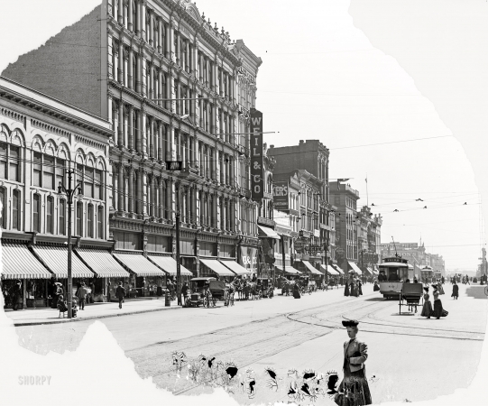 Photo showing: The Ferry Building -- Detroit circa 1905. Ferry Building, Woodward Avenue, looking south from Grand River Avenue.