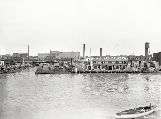 Photo showing: Motown Riviera -- The Detroit River circa 1906. Detroit Oak Belting Co. and Michigan Stove Works.
