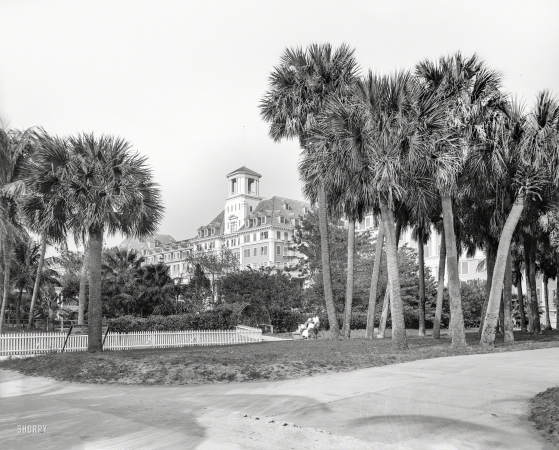 Photo showing: Sunshine State -- Palm Beach circa 1901. A glimpse of the Royal Poinciana. An entrance to Henry Flagler's immense resort hotel.