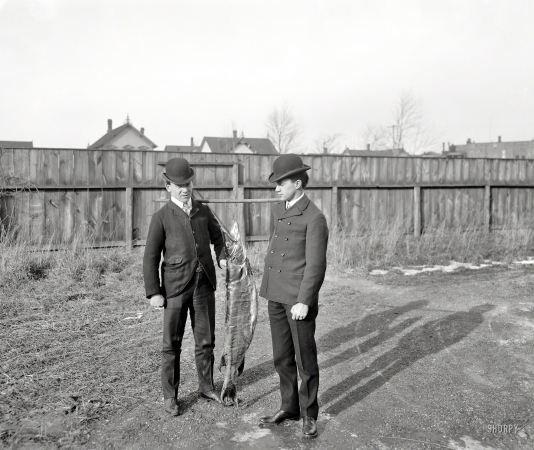 Photo showing: Two Men and a Musky -- Detroit circa 1902. A muskelunge (fish).
