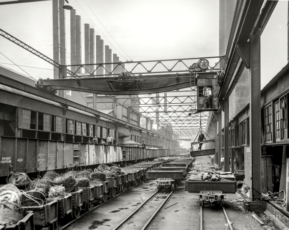 Photo showing: Homestead Scrappers -- 1908. Loading scrap. Homestead Steel Works, Homestead, Pennsylvania.