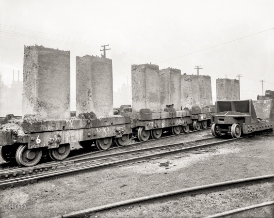 Photo showing: Steelhenge -- Circa 1908. Steel ingots, Homestead Steel Works, Homestead, Pennsylvania.