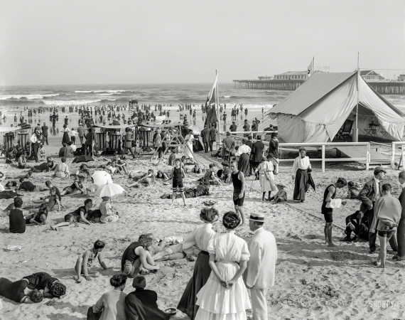 Photo showing: Beach Scene -- The Jersey Shore circa 1908. The bathing hour, Atlantic City.