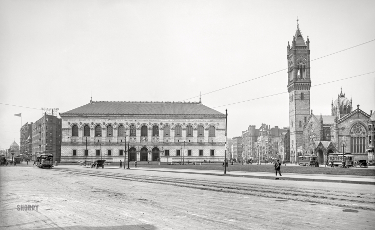 Photo showing: Copley Square -- Boston circa 1912. Copley Square -- Boston Public Library and New Old South Church.