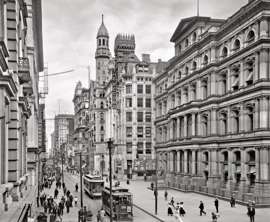 Photo showing: BASE BALL TO-DAY! -- Philadelphia circa 1909. Chestnut Street and Post Office. Neighbor to the
Philadelphia Record building and its electric score board of baseball results.