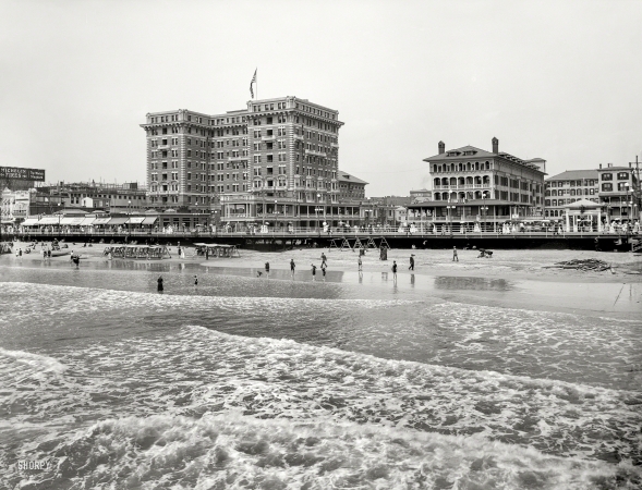Photo showing: The Waters Fine -- Atlantic City circa 1914. The Boardwalk and hotels -- Chalfonte and Haddon Hall.