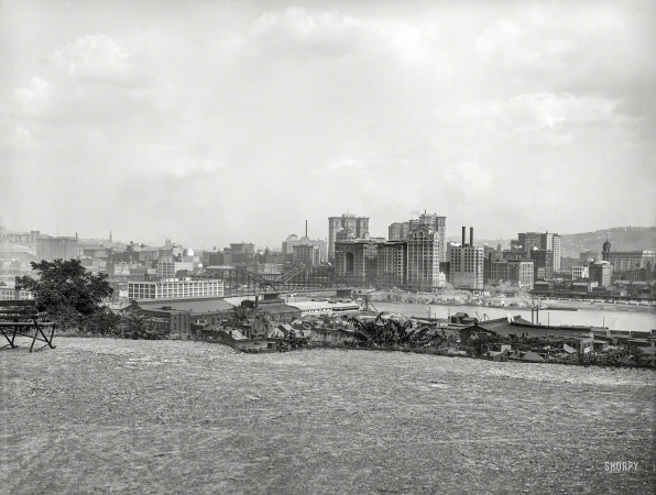 Photo showing: Across the Allegheny -- Pittsburgh circa 1910. Sixth Street Bridge and skyscrapers across the Allegheny River.