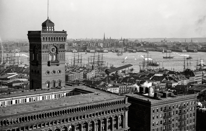 Photo showing: Maritime Manhattan -- New York circa 1898. Produce Exchange with tower, East River and Brooklyn from the Washington Building.