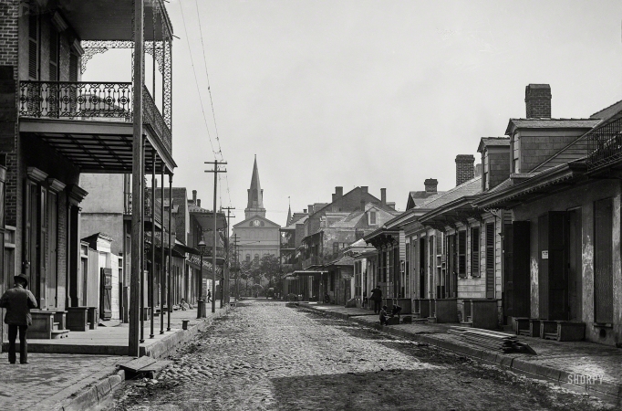 Photo showing: Orleans Street -- Circa 1890. Street in New Orleans near Cathedral of St. Louis.