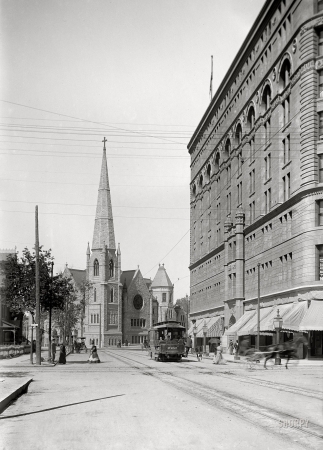 Photo showing: Car 222 -- Denver, Colorado, circa 1900. View from Tremont Place
of Trinity Methodist Episcopal Church and Brown Palace Hotel.