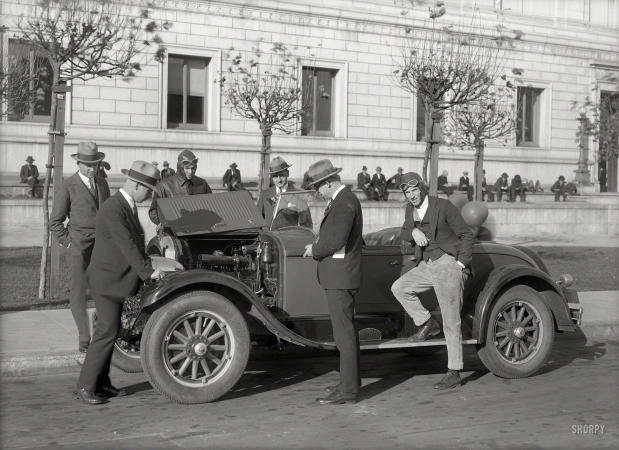 Photo showing: Fast Learners. -- Circa 1927. Chrysler roadster at San Francisco Public Library with racing drivers.