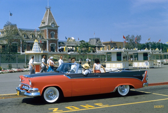 Photo showing: Disney Dodge -- June 1956. Aspects of life in Los Angeles, including cars at drive-in restaurant, shopping center, visiting Disneyland.