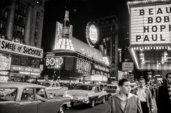 Photo showing: The Light Refreshment -- New York, 1957. Broadway Theatre District -- Times Square at night.