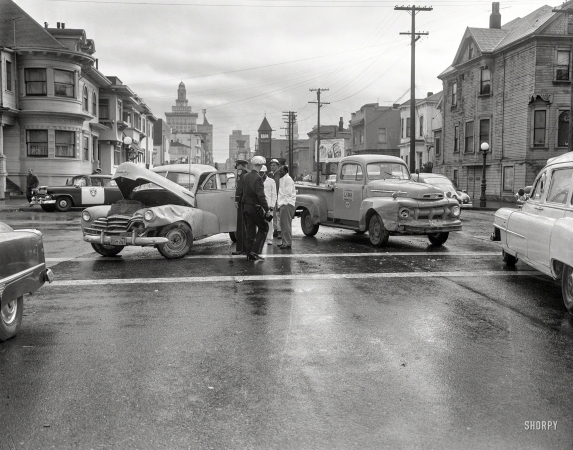 Photo showing: Ford vs. Chevy -- Oakland circa 1956. Ambulance at collision.