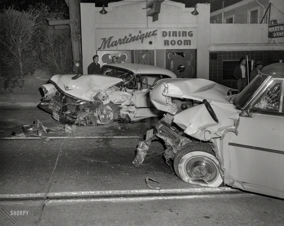 Photo showing: Valet Parking -- Oakland circa 1958. Collision at Martinique restaurant.