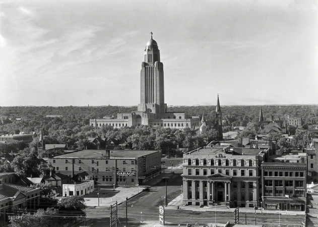 Photo showing: High and Mighty -- June 21-26, 1934. Nebraska State Capitol, Lincoln. General view from university, a.m.