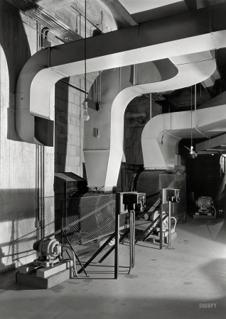Photo showing: Ducts in a Row -- June 1934. Nebraska State Capitol at Lincoln. Supply fan room.