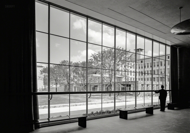 Photo showing: Foyer Voyeur -- May 25, 1942. Bell Telephone Laboratories, Murray Hill, New Jersey. View through acoustics foyer window.