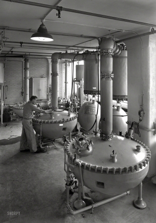 Photo showing: X-Pharma -- Dec. 17, 1943. Hoffmann-LaRoche Inc., Nutley, New Jersey. Building 34, three kettles.