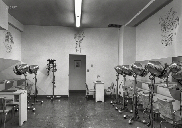 Photo showing: The Preen Room -- March 30, 1948. Helena Rubinstein, salon at 655 Fifth Avenue, New York. Hair styling room.