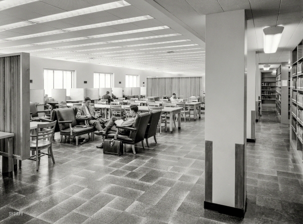 Photo showing: Higher Education -- Feb. 19, 1949. Lamont Library, Harvard University, Cambridge, Mass. Fifth-level reading room.