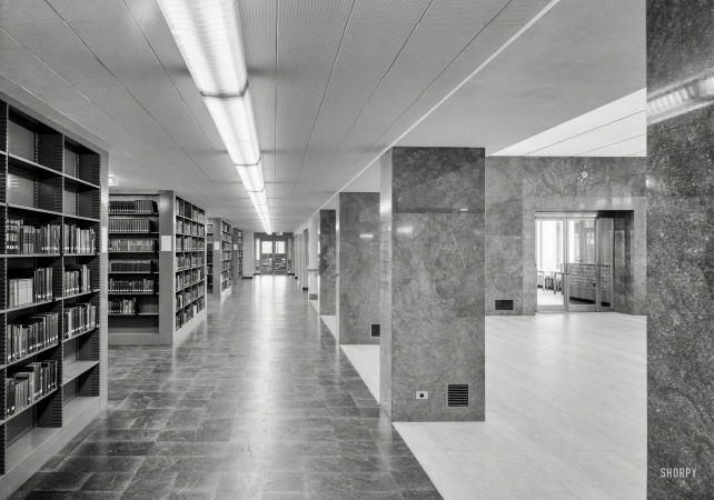 Photo showing: Hallway of Academe -- Feb. 19, 1949. Lamont Library, Harvard University, Cambridge, Massachusetts.