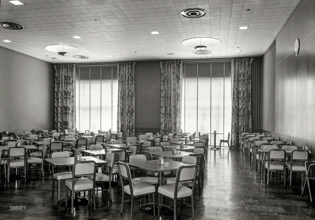 Photo showing: Cafeteria Style -- July 6, 1949. Johns-Manville Research Laboratory, Finderne, New Jersey. Cafeteria.