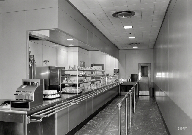 Photo showing: Cafe Asbestos -- July 6, 1949. Johns-Manville Research Laboratory, Finderne, New Jersey. Cafeteria.