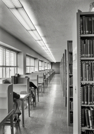 Photo showing: Carrel of the Belles -- April 24, 1953. Towson, Maryland. Goucher College, Library interior.