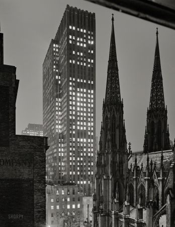 Photo showing: Tall, Dark and Handsome -- December 5, 1940. St. Patrick's Cathedral and 45 Rockefeller Plaza, night view.