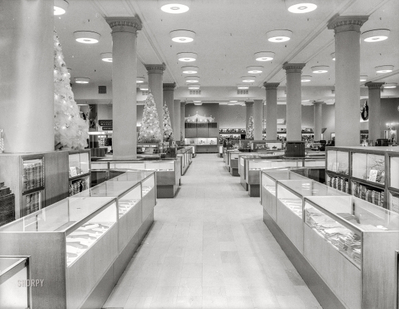 Photo showing: Christmas Stockings -- November 11, 1950. New York. Gimbel Brothers department store. Interior. Raymond Loewy Associates, architect.