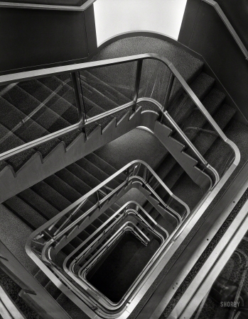 Photo showing: Down the Hatch -- January 29, 1951. S.S. Independence, American Export Lines. Staircase down.