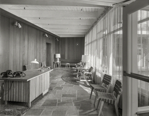 Photo showing: Office Casual -- Oct. 12, 1953. Becton Dickinson, East Rutherford, New Jersey. Reception room.