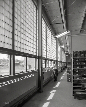 Photo showing: The Glass Wall -- March 26, 1954. Becton Dickinson & Co., Rutherford, New Jersey. Glass wall.