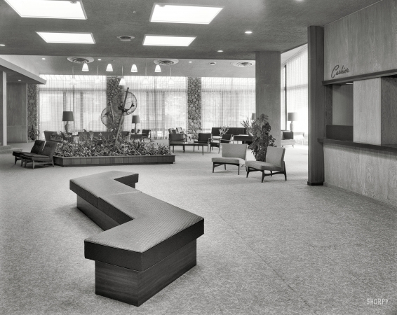 Photo showing: Lobby S -- August 13, 1957. Tamarack Lodge, Greenfield Park, New York. General view of lobby.